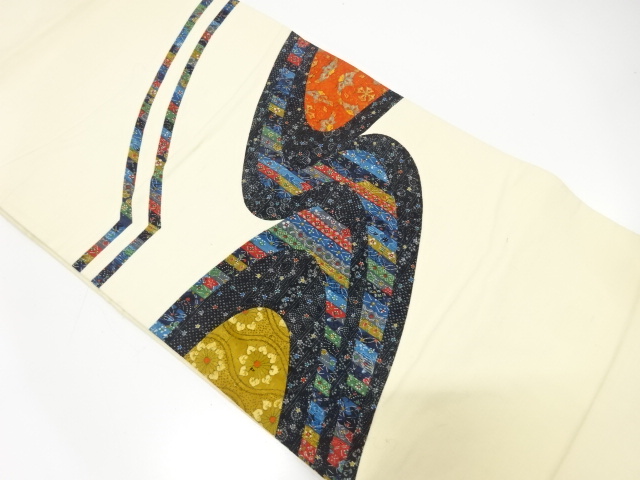 アンティーク　切りばめ　流水に縞・花更紗模様袋帯（材料）